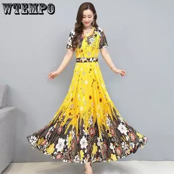 WTEMPO Хлопковые винтажные элегантные платья в богемном стиле с принтом, женское летнее тонкое длинное нежное праздничное платье с v-образным вырезом большого размера XL оранжевый