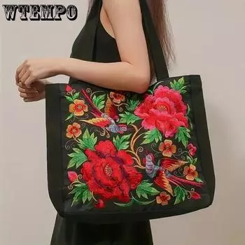 WTEMPO Холщовая большая сумка с вышивкой цветов и птиц в этническом стиле, сумка на одно плечо, сумка большой емкости, функциональные сумки для покупок для женщин 36*9*36cm красный
