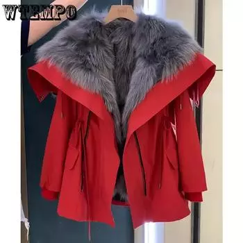 WTEMPO Hooded Faux Fur Christmas Red Coat Women s Thick Warm Autumn Winter Large Size Plush Jacket Streetwear Coat M красный