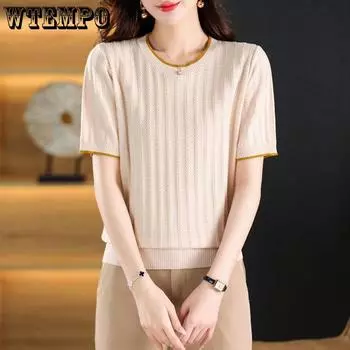 WTEMPO Ice Silk трикотажный свитер женская футболка с коротким рукавом летняя новая свободная узкая универсальная волнистая трикотажная тонкая футболка S бежевый