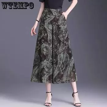 WTEMPO Ice Silk Wide Leg Pants for Women In Spring Summer Elastic High Waist Thin Printed Mother s Loose Nine Point Skirt Pants M