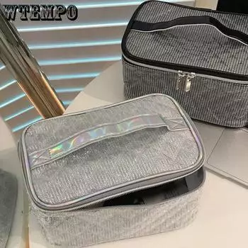 WTEMPO Ins Высококачественные однотонные серебряные водонепроницаемые косметички для женщин Портативные ручные косметички большой вместимости 1pc чёрный