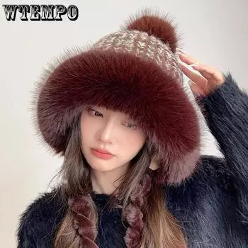 WTEMPO Искусственный мех Теплые вязаные шапки Толстые плюшевые зимние защитные шапки для ушей Ветрозащитные холодостойкие уличные шапки One Size чёрный