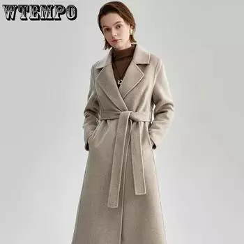 WTEMPO Элегантное женское пальто с отложным воротником и поясом на завязках, винтажное женское однотонное шерстяное пальто с длинными рукавами, повседневная свободная длинная верхняя одежда M абрикосовый