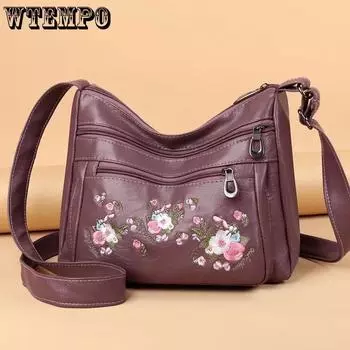 WTEMPO Элегантные мягкие сумки на одно плечо большой вместимости, женские повседневные сумки через плечо на молнии из искусственной кожи с вышивкой 25*12*20cm чёрный