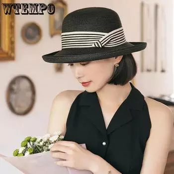 WTEMPO Элегантные повседневные складные летние соломенные шляпы женские полосатые широкополые однотонные солнцезащитные шляпы для улицы 1pc хаки