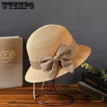 WTEMPO Элегантные повседневные складные летние соломенные шляпы с бантом и широкими полями для женщин, однотонные солнцезащитные шляпы для отдыха на природе 1pc абрикосовый