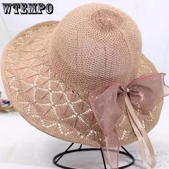 WTEMPO Элегантные сетчатые однотонные солнцезащитные шляпы с бантом для женщин, весна-лето, широкие поля, повседневные пляжные солнцезащитные шляпы 1pc хаки