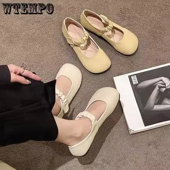 WTEMPO Элегантные туфли из мягкой кожи, женские однотонные универсальные удобные туфли на низком каблуке с эластичным ремешком и волшебной лентой, модные повседневные туфли на мягкой подошве на плоской подошве 35 бежевый