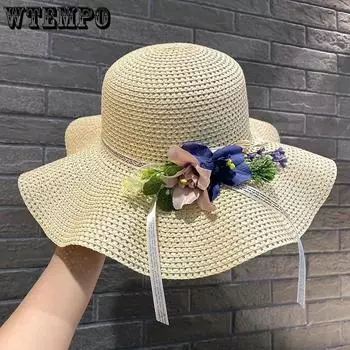 WTEMPO Элегантные женские однотонные солнцезащитные шляпы с цветами для отдыха на природе, повседневные складные летние соломенные шляпы для путешествий и пляжа с широкими полями 1pc хаки