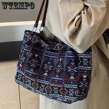 WTEMPO Этнический стиль Холщовые сумки большой вместимости Повседневные универсальные сумки через плечо Женские сумки для поездок на работу с принтом 1pc