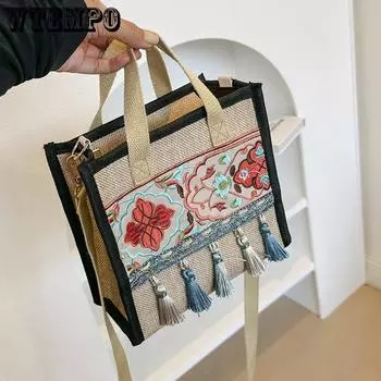 WTEMPO Этнический стиль Повседневные универсальные сумки из пенькового ремня Женские сумки через плечо на молнии Сумки через плечо с кисточками Singer 1pc розовый