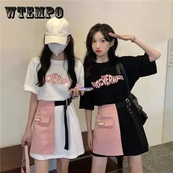 WTEMPO Юбочный костюм для женщин, летняя длинная футболка с короткими рукавами и короткие юбки нерегулярной формы, комплект из двух предметов, повседневный костюм большого размера XL белый