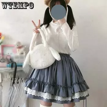 WTEMPO Kawaii кружевные юбки Лолиты женские Harajuku винтажные рюши в стиле пэчворк мини-юбки с эластичной резинкой на талии мягкая японская уличная одежда для девочек One Size красный