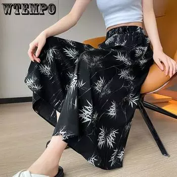WTEMPO Китайский стиль ретро большой размер эластичные с высокой талией свободные черно-белые укороченные брюки женские ретро чернила печать повседневные ледяной шелк широкие брюки XL чёрный