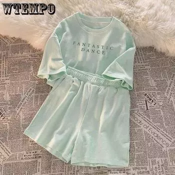 WTEMPO комплект из 2 предметов, женские футболки и шорты с принтом алфавита, летние повседневные байкерские шорты с короткими рукавами и круглым вырезом для бега M зелёный