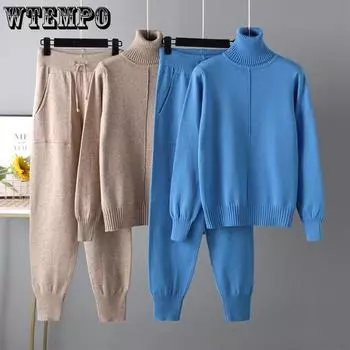 WTEMPO комплект из 2 предметов, женский вязаный спортивный костюм, водолазка, свитер-морковка, спортивные штаны, пуловер, свитер, комплект, шикарная вязаная верхняя одежда One Size красный