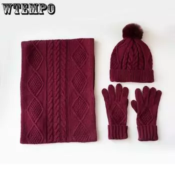 WTEMPO Комплект из 3 предметов, модный, шикарный, однотонный, вязаный, теплая, защитная шапка, ветрозащитный шарф, перчатки с закрытыми пальцами, теплые аксессуары 3pcs чёрный