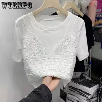 WTEMPO корейские летние однотонные рубашки женские повседневные с круглым воротником тонкие винтажные с короткими рукавами из чистого хлопка кружевные укороченные топы S белый