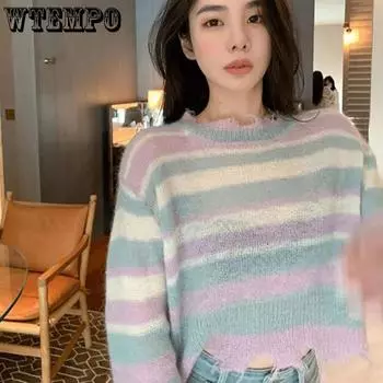 WTEMPO корейские свободные тонкие вязаные пуловеры женские укороченные свитера в радужную полоску рваные Y2K трикотаж Harajuku One Size чёрный