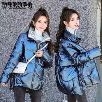 WTEMPO короткая хлопковая куртка женская зимняя корейская версия свободная хлопковая куртка на пуху яркие утепленные теплые пальто для лица S розовый