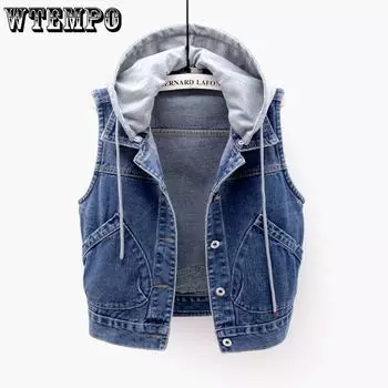 WTEMPO короткая куртка с капюшоном, женская джинсовая джинсовая жилетка, женская джинсовая жилетка, женская весенне-осенняя одежда, дикие топы без рукавов S