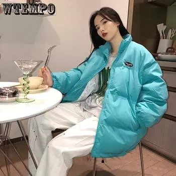 WTEMPO Короткие хлопковые пальто с капюшоном, большие размеры, повседневные куртки с длинным рукавом для девочек, женские зимние однотонные теплые пальто с карманами на молнии M яркий бирюзовый