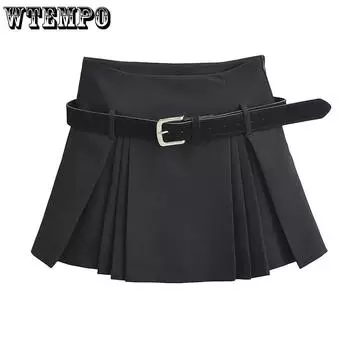 WTEMPO Короткие плиссированные юбки в стиле преппи для девочек с поясом. Женские повседневные серые и черные мини-юбки трапециевидной формы с высокой талией и защитными брюками. Уличная одежда. S чёрный