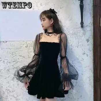 WTEMPO короткое черное платье трапециевидной формы с разрезом воротом женское новое готическое мини-плиссированное платье Y2K с длинными рукавами из тюля с открытыми плечами S чёрный