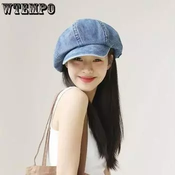 WTEMPO Ковбойские синие восьмиугольные шляпы большого размера из денима с козырьком, женские повседневные универсальные береты, шляпы художников 56-60cm синий