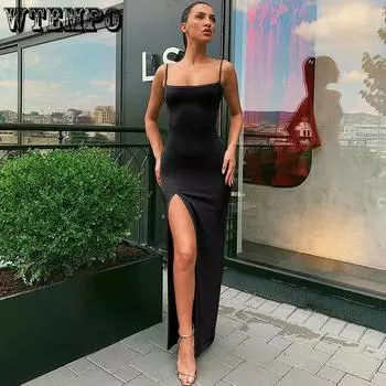 WTEMPO красные, черные клубные вечерние длинные платья без рукавов, женские весенне-летние базовые облегающие эластичные тонкие однотонные платья с боковым разрезом S красный