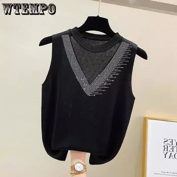 WTEMPO Кружева пэчворк ледяной шелк камзол жилеты женские большие размеры свободные однотонные без рукавов повседневные универсальные топы M чёрный