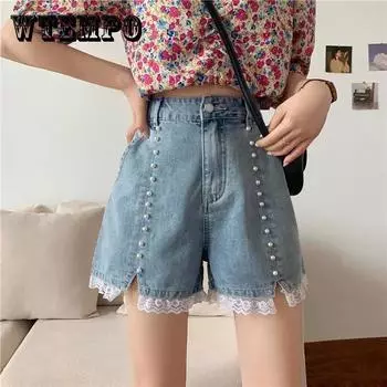 WTEMPO кружева Перл Высокий Waist джинсовые шорты женщины Студенческая Loose Весна и Лето Широкая нога-лайн Тонкие случайные шорты XL синий