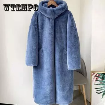 WTEMPO куртка выше колена из искусственного меха, зимняя куртка большого размера с длинным капюшоном, свободное плотное теплое пальто, женская одежда XXL