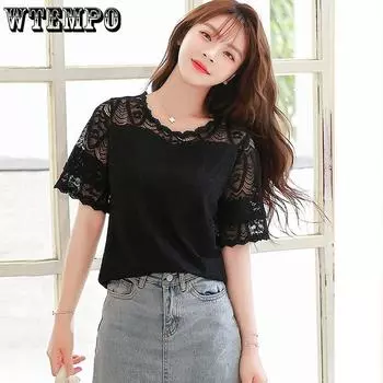 WTEMPO Кружевная женская футболка, сексуальная уличная модная рубашка с коротким рукавом Y2K, повседневный топ, винтажная универсальная женская одежда M чёрный