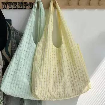 WTEMPO Large Capacity Solid Color Casual Single Shoulder Bags Women Plaid Light Color Tote Handbags One Size светло-зеленый