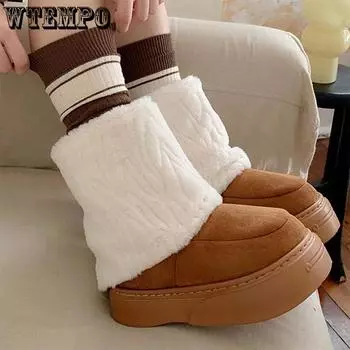 WTEMPO Large Size Cotton Padded Shoes Fleece Faux Furry Ankle Boots with Thick Sole Women s Winter Vintage Color-matching Snow Boots 36-37 чёрный