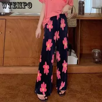 WTEMPO Large Size Elastic High Waist Printed Wide Leg Pants Women Spring Autumn Casual Versatile Loose Straight Leg Pants S зелёный