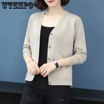 WTEMPO Large Size Long Sleeve Button Sweater Cardigans Solid Color Women s Casual Versatile V-Neck Loose Knitted Cardigans S синий