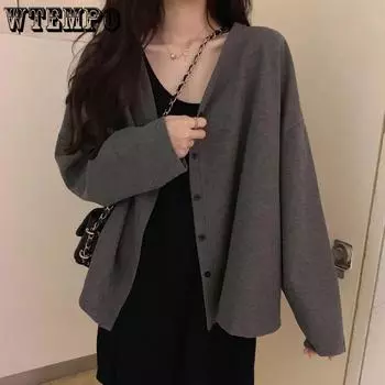 WTEMPO Large Size Solid Color Loose Button Knitted Cardigans Women s Casual Versatile Long Sleeve Sweater Cardigans Knitwear S чёрный
