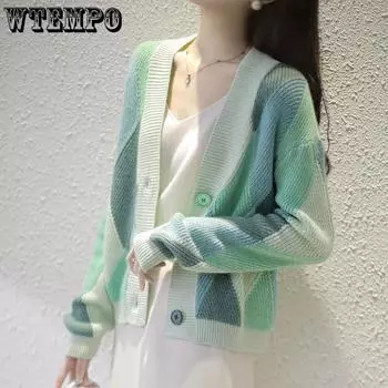 WTEMPO Large Size Solid Color Women s Casual Versatile Long Sleeve Button Sweater Cardigans V-Neck Loose Knitted Cardigans S синий