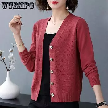 WTEMPO Large Size Solid Color Women s Button Sweater Cardigans V-Neck Loose Casual Versatile Long Sleeve Knitted Cardigans M чёрный