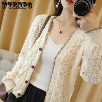 WTEMPO Large Size Spring Autumn Solid Color Cardigans Knitted Coats Button Knitted Sweaters Loose Hollow-out Thin Knitwear S бежевый