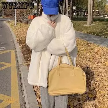 WTEMPO Large Size Windproof Cold-proof Thick Warm Coats Women s Stand Collar Autumn Winter Long Plush Faux Fur Jackets M чёрный