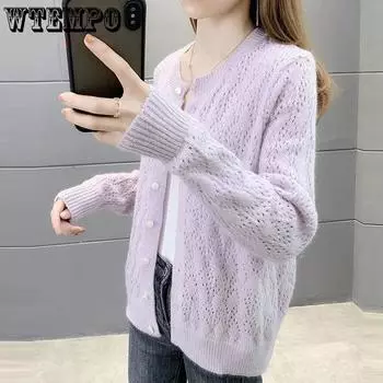 WTEMPO Large Size Women s Casual Versatile Long Sleeve Button Sweater Cardigans Solid Color V-Neck Loose Knitted Cardigans M бежевый