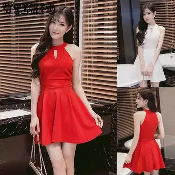 WTEMPO летнее сексуальное платье с лямкой на шее, женское тонкое платье трапециевидной формы с лямкой на шее, короткое платье большого размера L красный