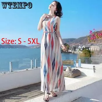 WTEMPO летнее женское платье больших размеров, длинное шифоновое платье в полоску с цветочным принтом, темпераментное пляжное платье с поясом, свободное платье с цветочным принтом S разноцветный