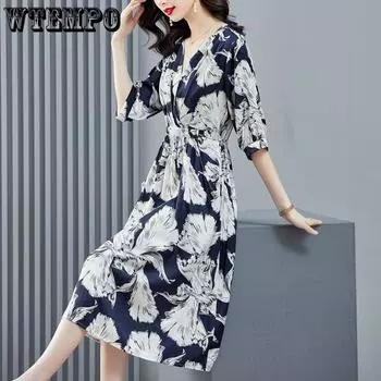 WTEMPO летнее женское платье большого размера с талией и темпераментом, длинная юбка, тонкое и тонкое платье с цветочным принтом M синий