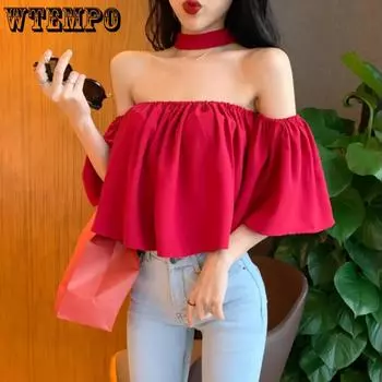 WTEMPO летние короткие топы с открытыми плечами в корейском стиле, женские однотонные короткие шифоновые блузки с короткими рукавами и вырезом на шее One Size чёрный