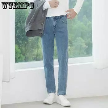 WTEMPO Летние мужские прямые свободные джинсы, тонкие эластичные узкие джинсы, простые повседневные дышащие брюки с девятью точками S синий